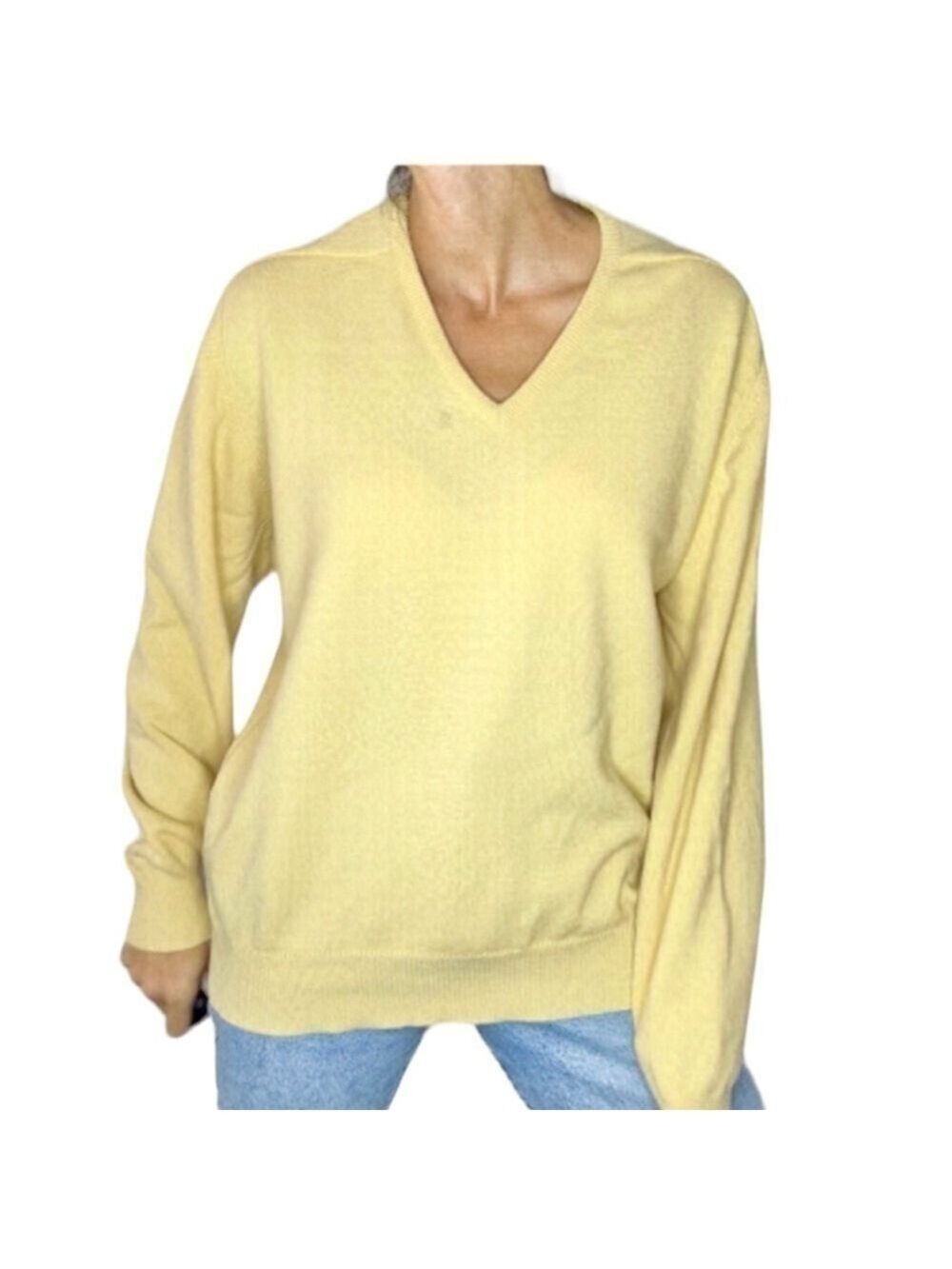 William Lockie designer Scottish lambswool yellow V neck pullover sweater 46